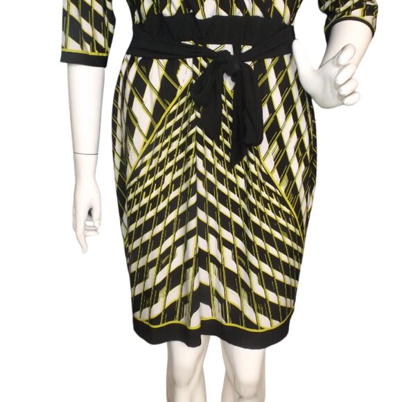 CALVIN KLEIN Dress, 12, Geometric, Half sleeve, Sash/Belt, Chartreuse/Black - Picture 6 of 11